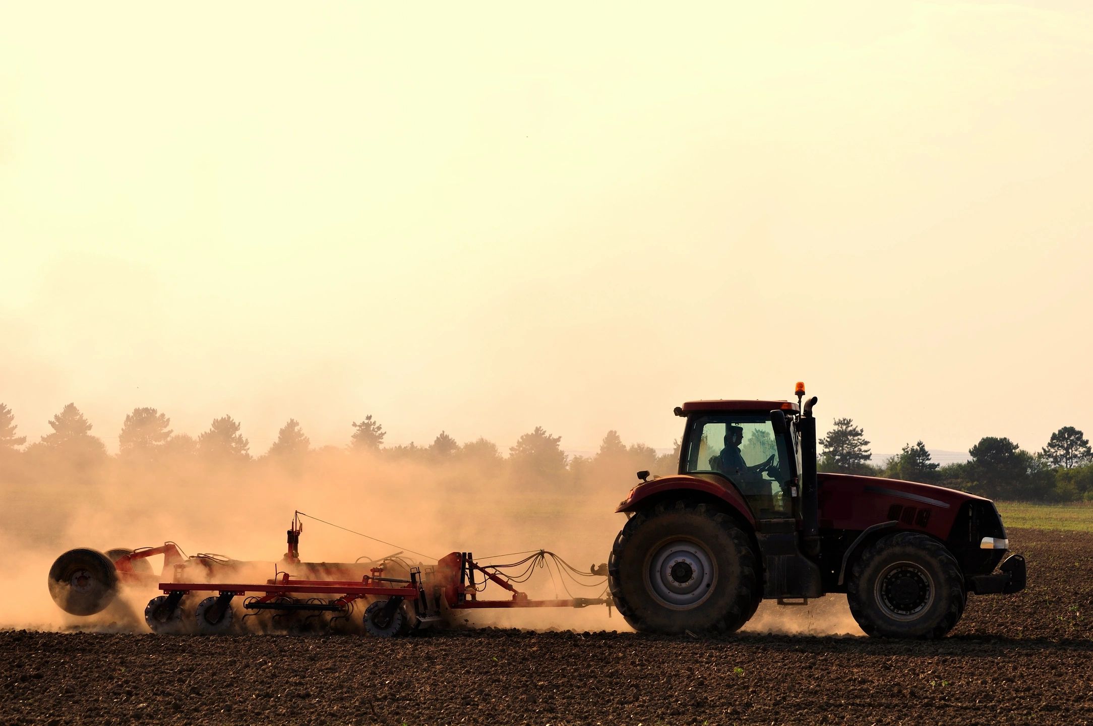 Modern agricultural tractor pulling a disc harrow through dry soil on a farm, creating a dust cloud during golden hour.